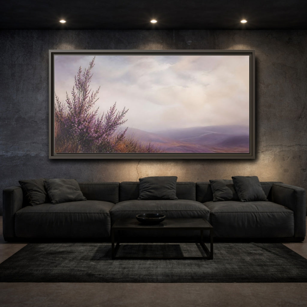Mockup 3. Nature Heather Field Purple Heather Landscape shown as stretched canvas wall art