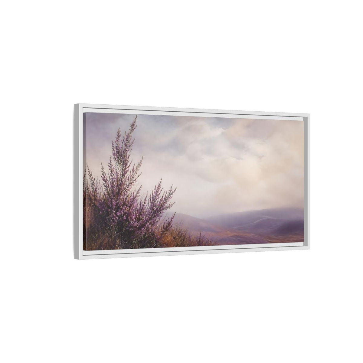 Side Mockup 1. Nature Heather Field Purple Heather Landscape shown as stretched canvas wall art