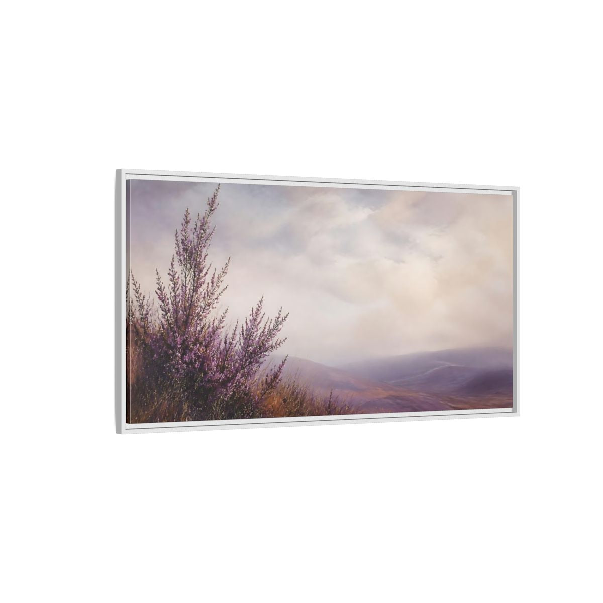 Side Mockup 3. Nature Heather Field Purple Heather Landscape shown as stretched canvas wall art