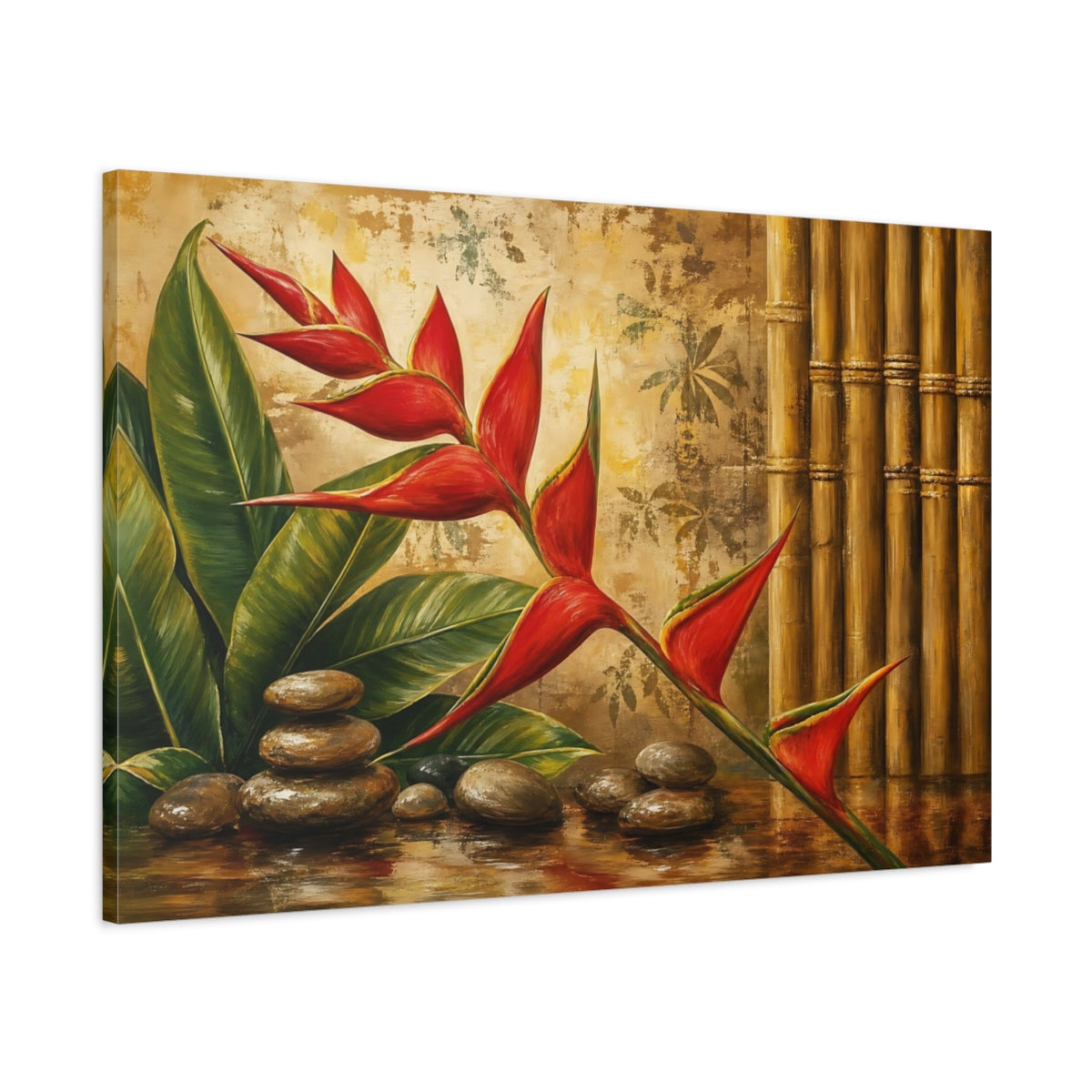 Main Mockup. Nature Heliconia Flower Red And Gold shown as stretched canvas wall art