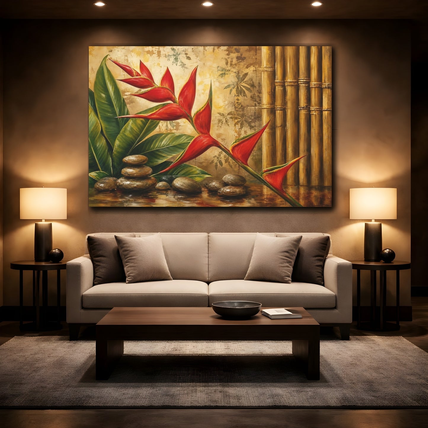 Mockup 2. Nature Heliconia Flower Red And Gold shown as stretched canvas wall art