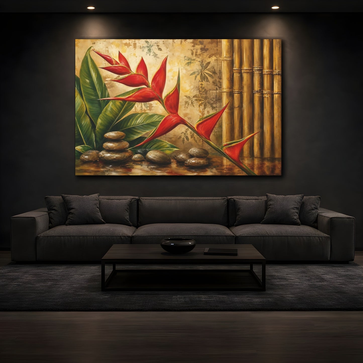 Mockup 3. Nature Heliconia Flower Red And Gold shown as stretched canvas wall art