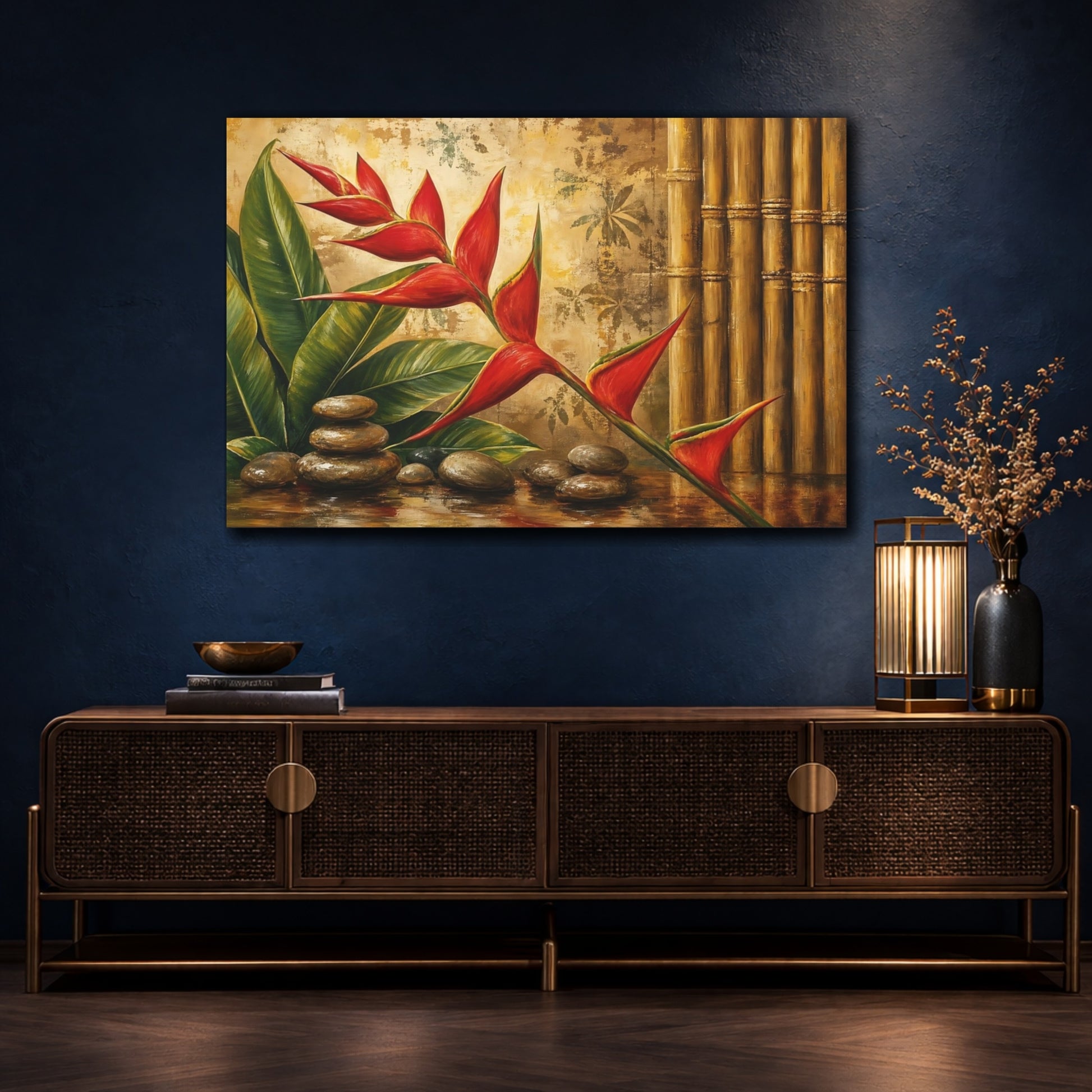 Mockup 4. Nature Heliconia Flower Red And Gold shown as stretched canvas wall art