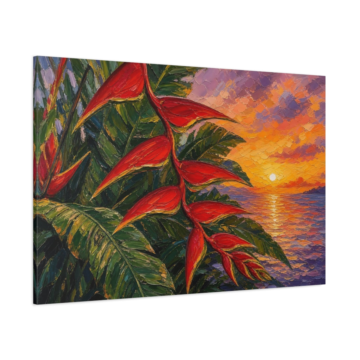Side Mockup 1. Nature Heliconia Flower Red Green Sunset shown as stretched canvas wall art