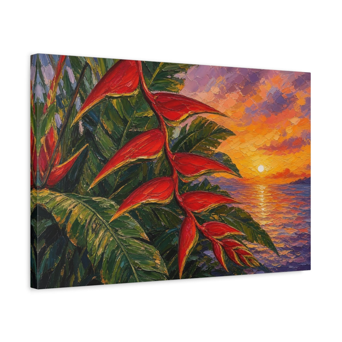 Side Mockup 3. Nature Heliconia Flower Red Green Sunset shown as stretched canvas wall art