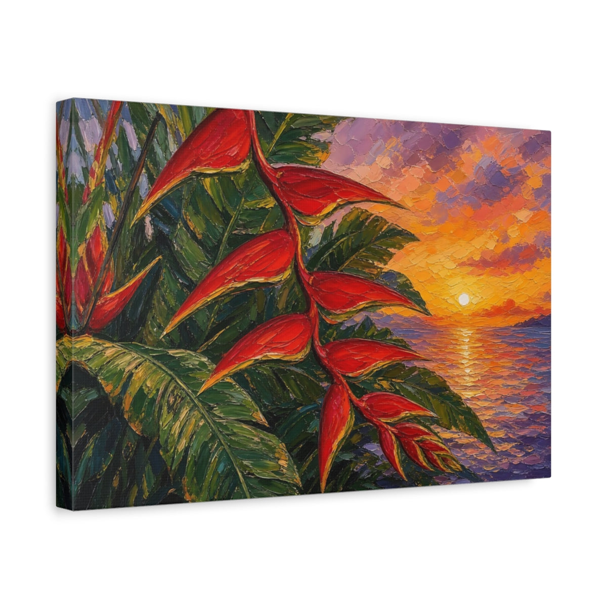 Side Mockup 4. Nature Heliconia Flower Red Green Sunset shown as stretched canvas wall art