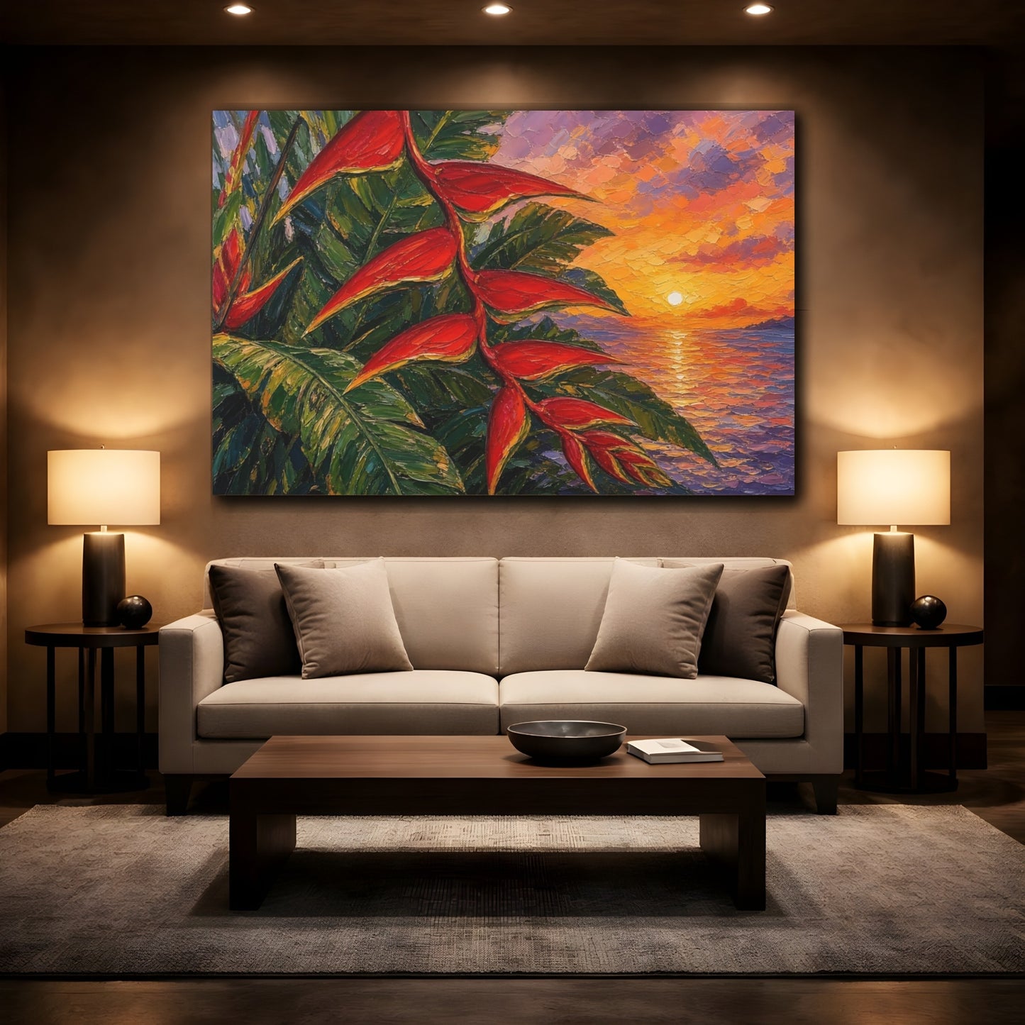 Mockup 2. Nature Heliconia Flower Red Green Sunset shown as stretched canvas wall art