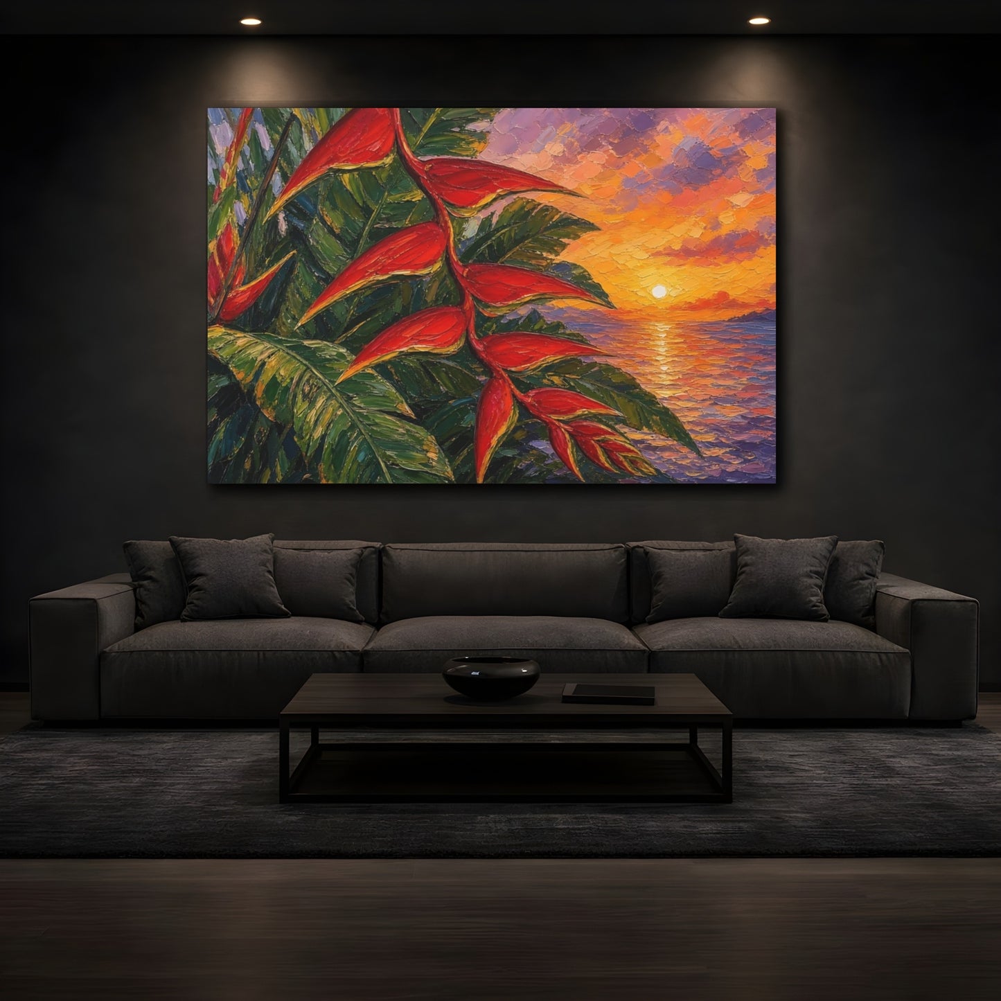 Mockup 3. Nature Heliconia Flower Red Green Sunset shown as stretched canvas wall art