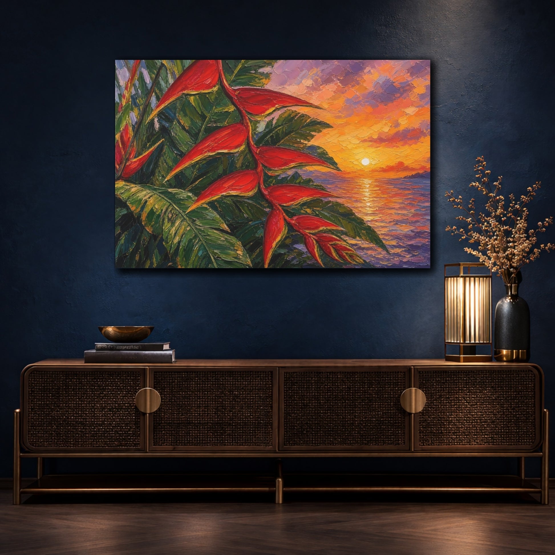 Mockup 4. Nature Heliconia Flower Red Green Sunset shown as stretched canvas wall art