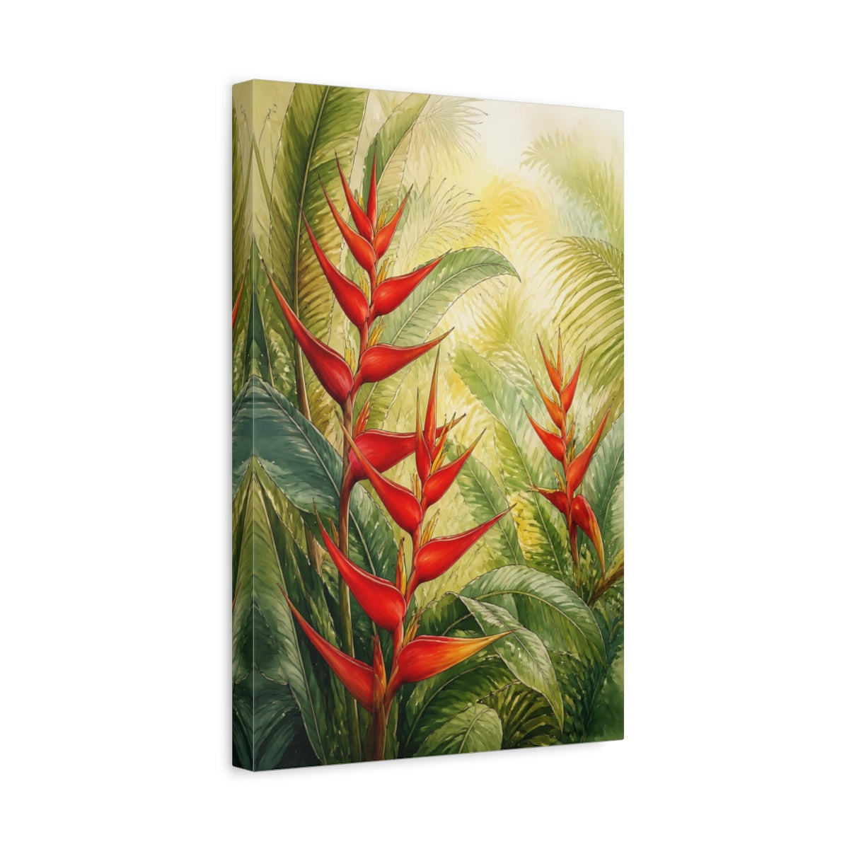 Side Mockup 4. Nature Heliconia Flowers Red Heliconia Flowers shown as stretched canvas wall art