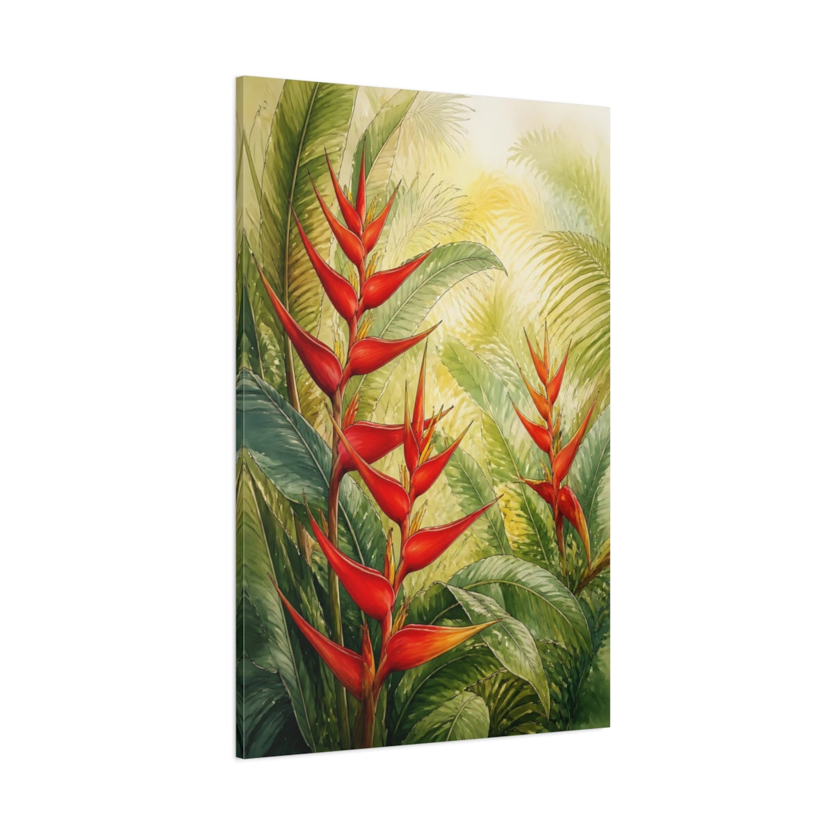 Side Mockup 1. Nature Heliconia Flowers Red Heliconia Flowers shown as stretched canvas wall art