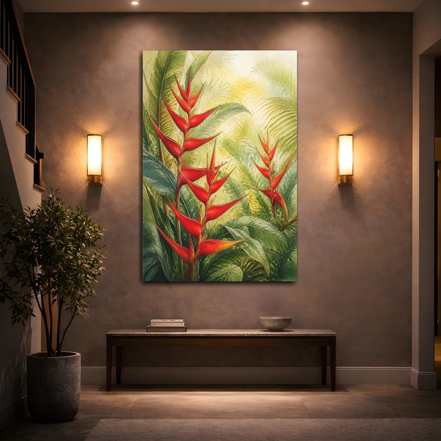 Mockup 2. Nature Heliconia Flowers Red Heliconia Flowers shown as stretched canvas wall art