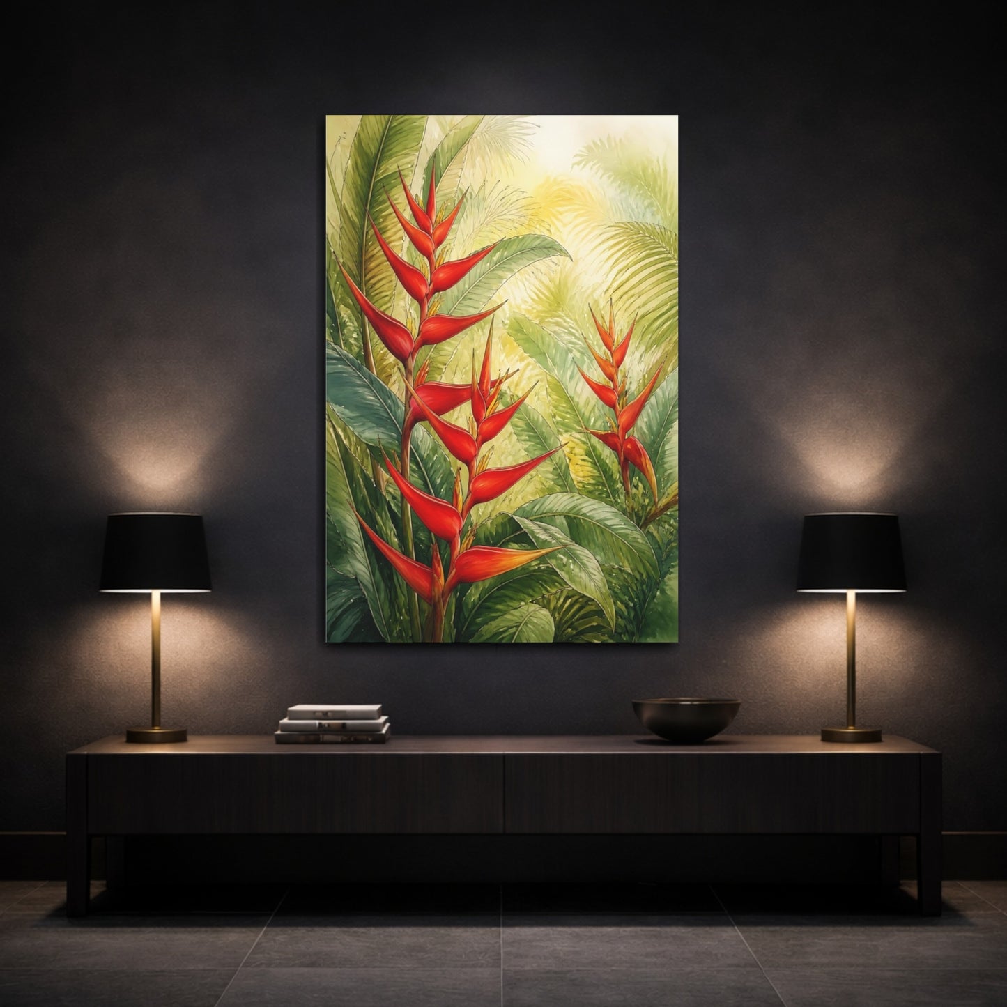 Mockup 3. Nature Heliconia Flowers Red Heliconia Flowers shown as stretched canvas wall art