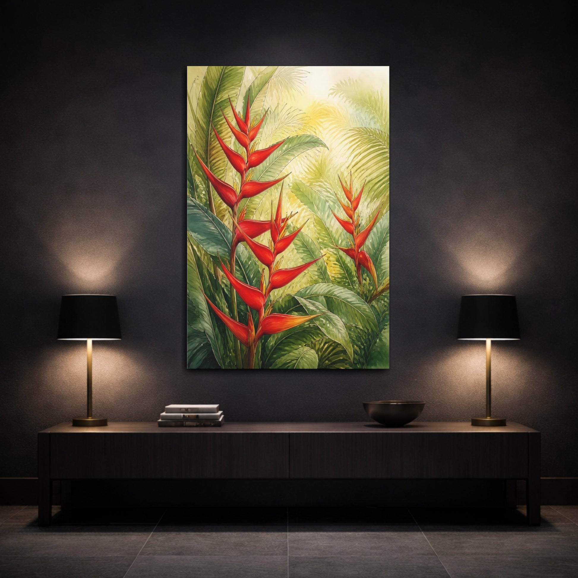 Mockup 3. Nature Heliconia Flowers Red Heliconia Flowers shown as stretched canvas wall art