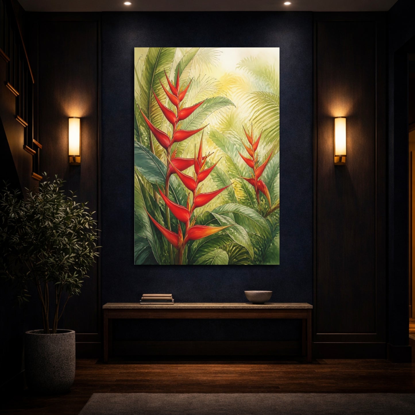 Mockup 4. Nature Heliconia Flowers Red Heliconia Flowers shown as stretched canvas wall art