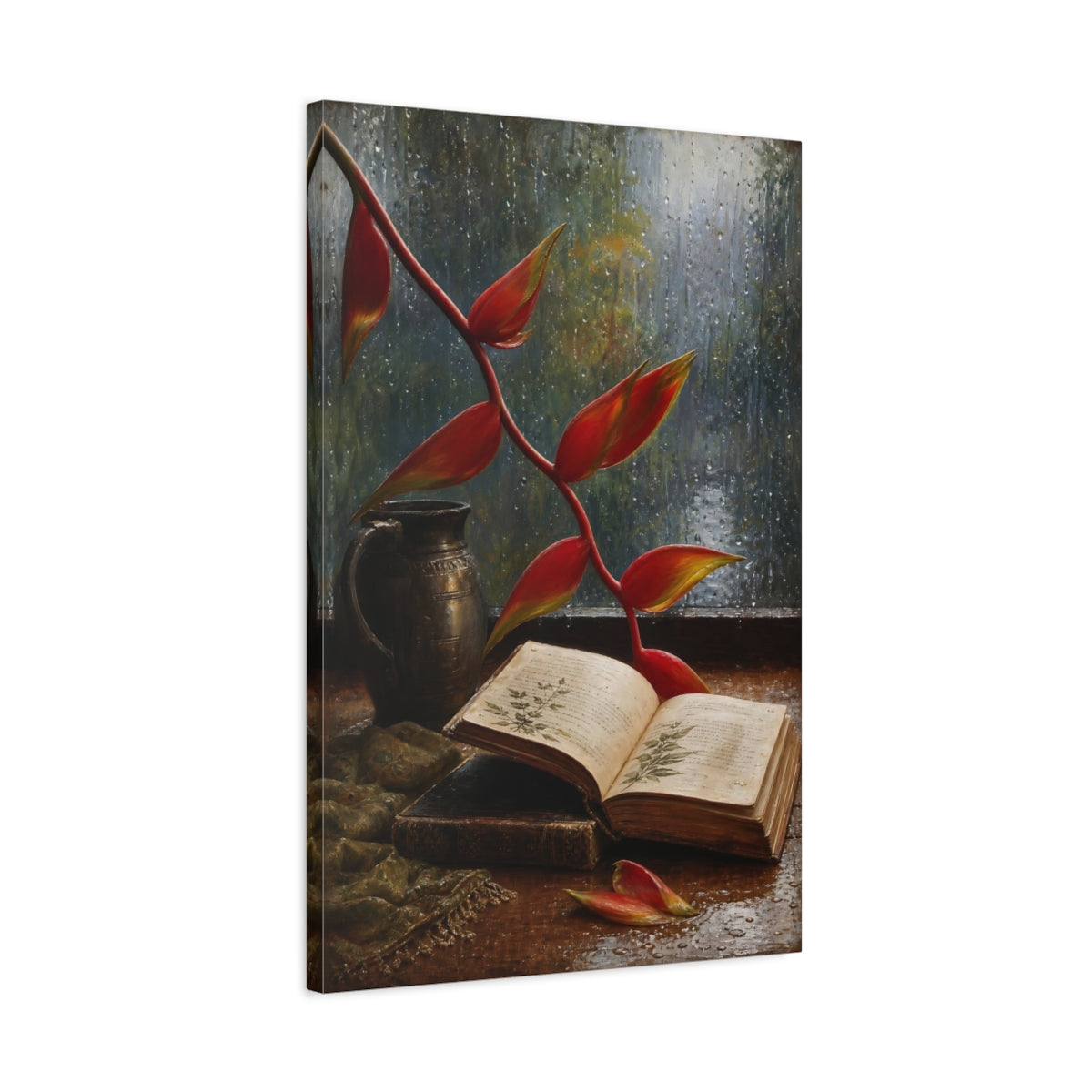 Side Mockup 2. Nature Heliconia Red Heliconia shown as stretched canvas wall art