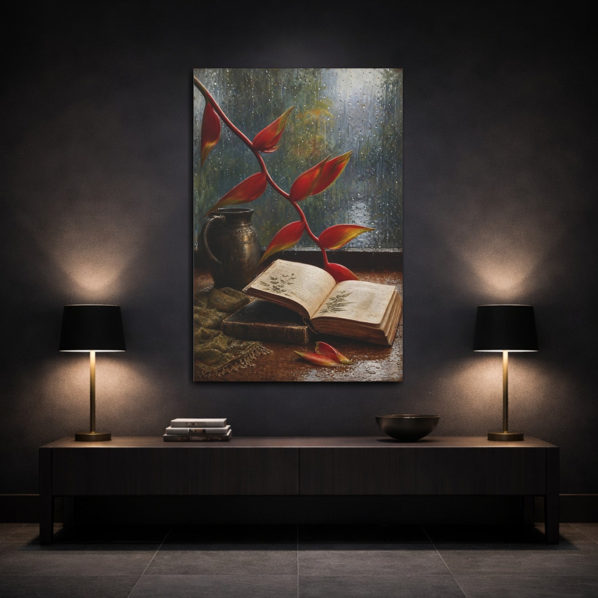 Mockup 3. Nature Heliconia Red Heliconia shown as stretched canvas wall art