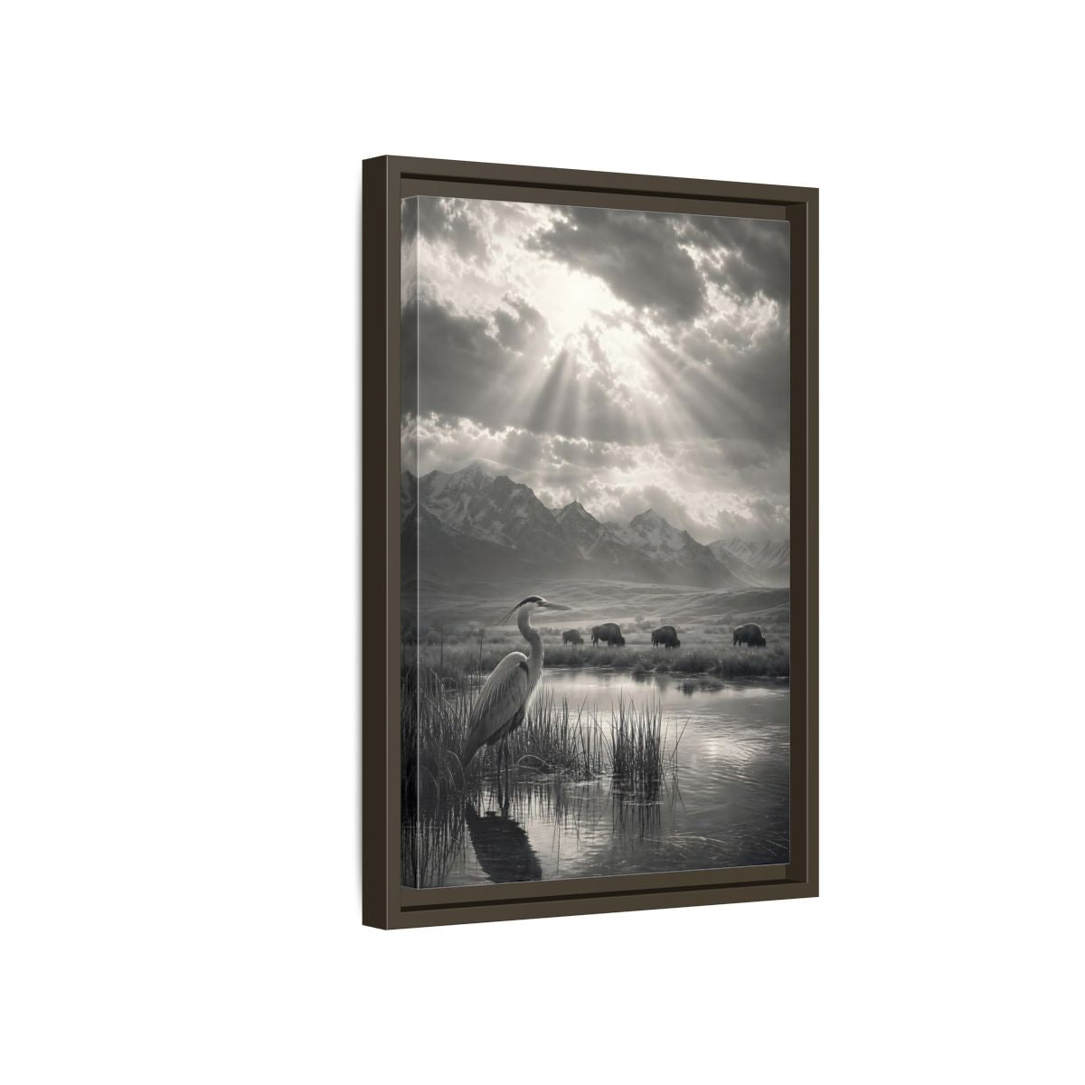 Side Mockup 5. Nature Heron Bison Black And White Nature shown as stretched canvas wall art