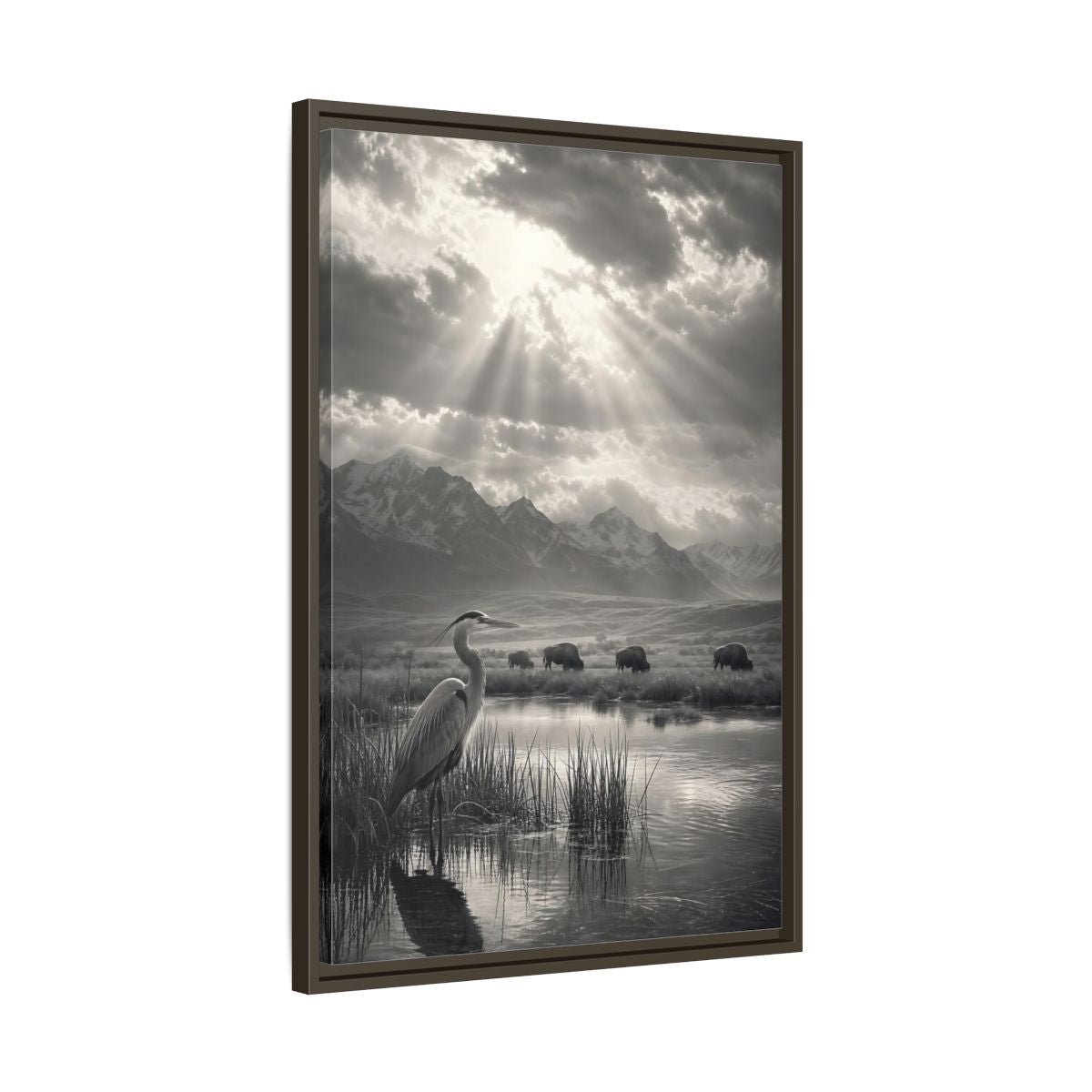 Side Mockup 11. Nature Heron Bison Black And White Nature shown as stretched canvas wall art