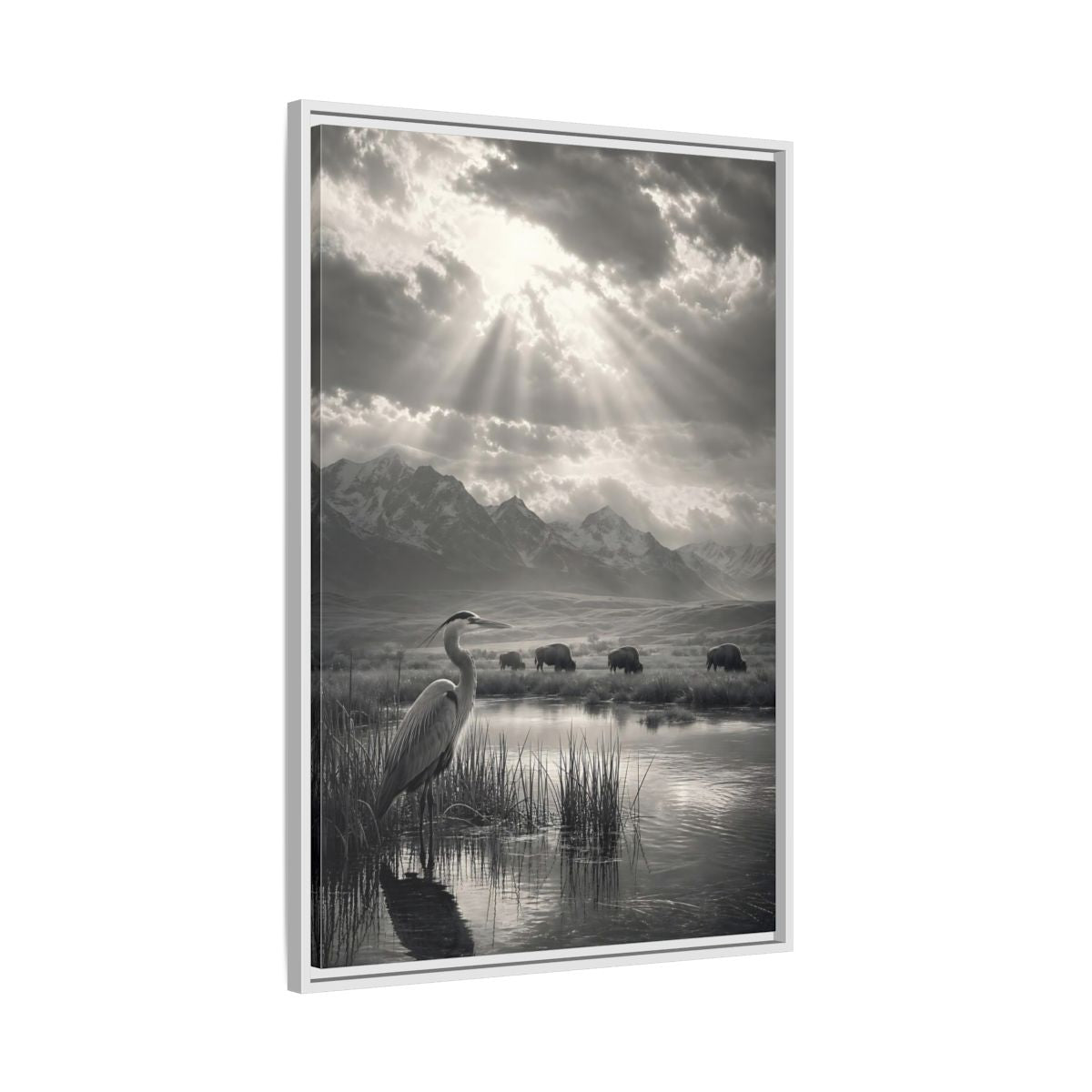 Side Mockup 9. Nature Heron Bison Black And White Nature shown as stretched canvas wall art