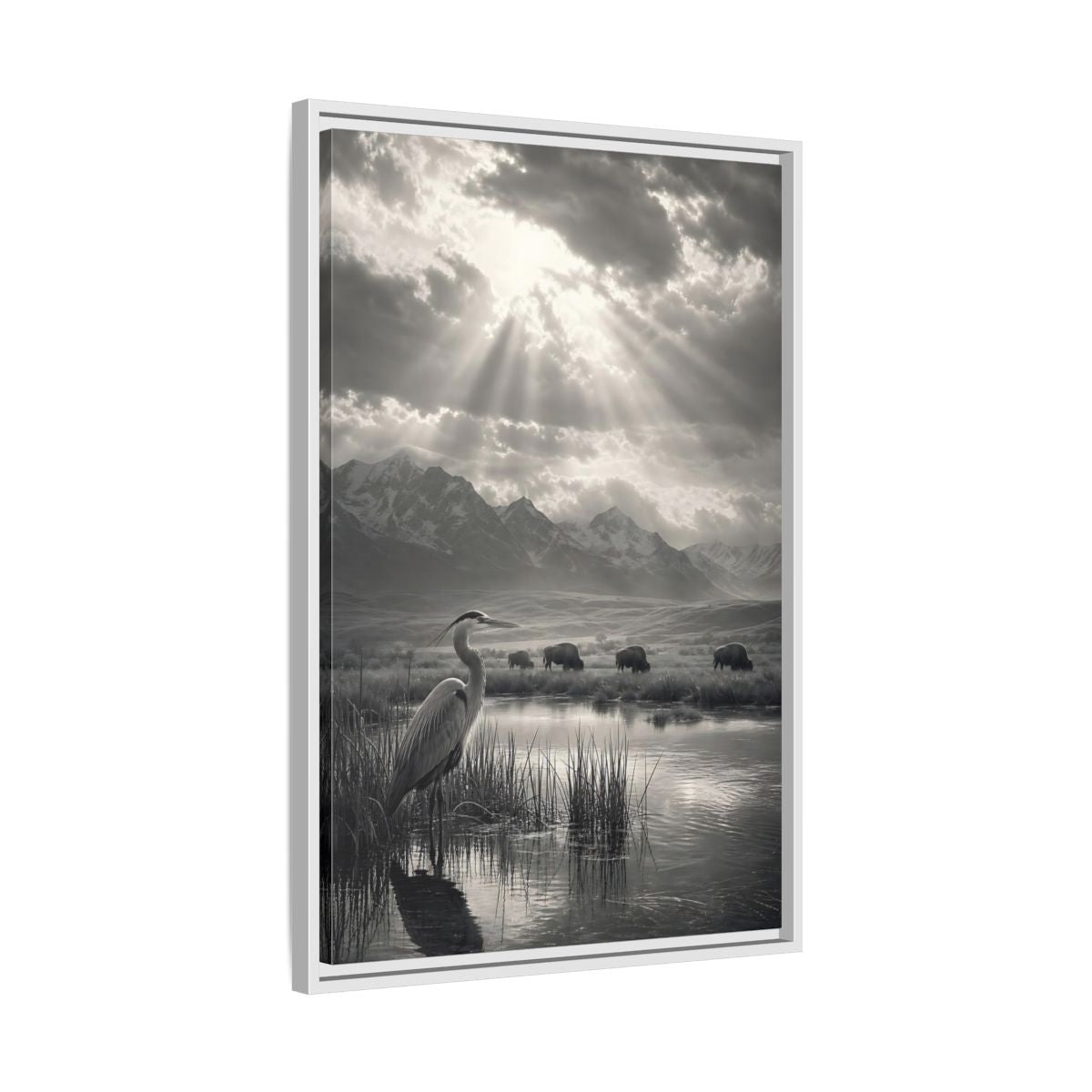 Side Mockup 10. Nature Heron Bison Black And White Nature shown as stretched canvas wall art
