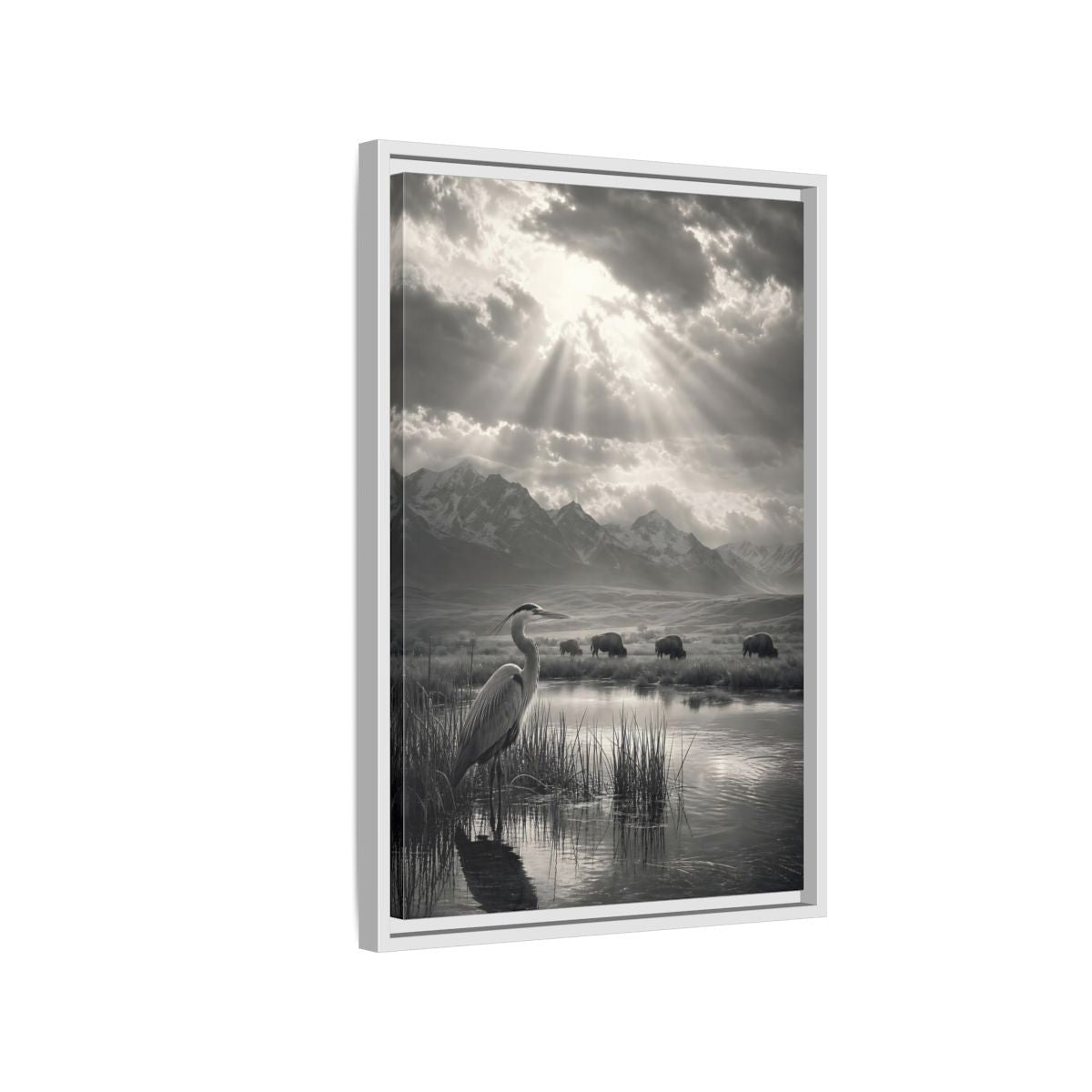 Side Mockup 1. Nature Heron Bison Black And White Nature shown as stretched canvas wall art