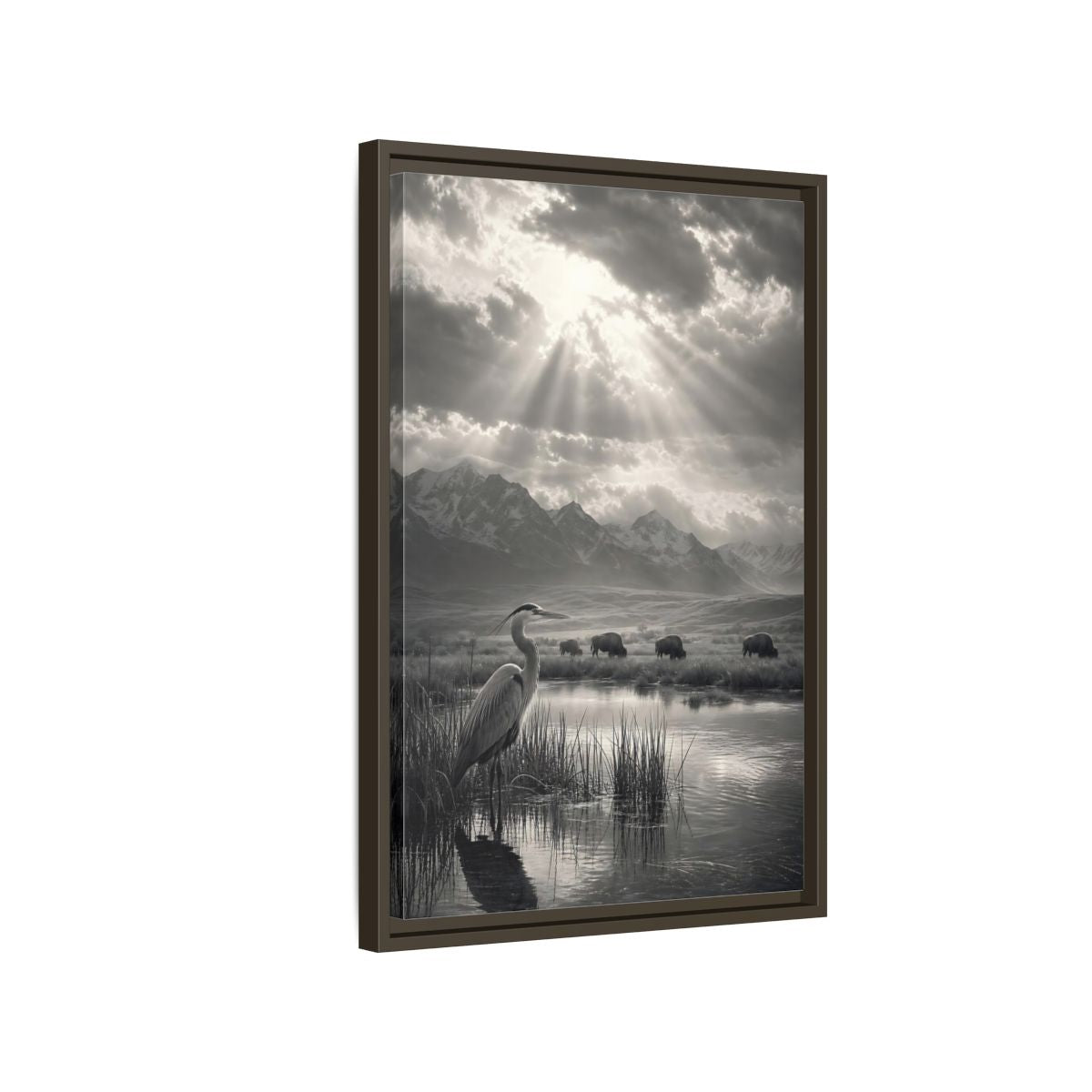 Side Mockup 2. Nature Heron Bison Black And White Nature shown as stretched canvas wall art