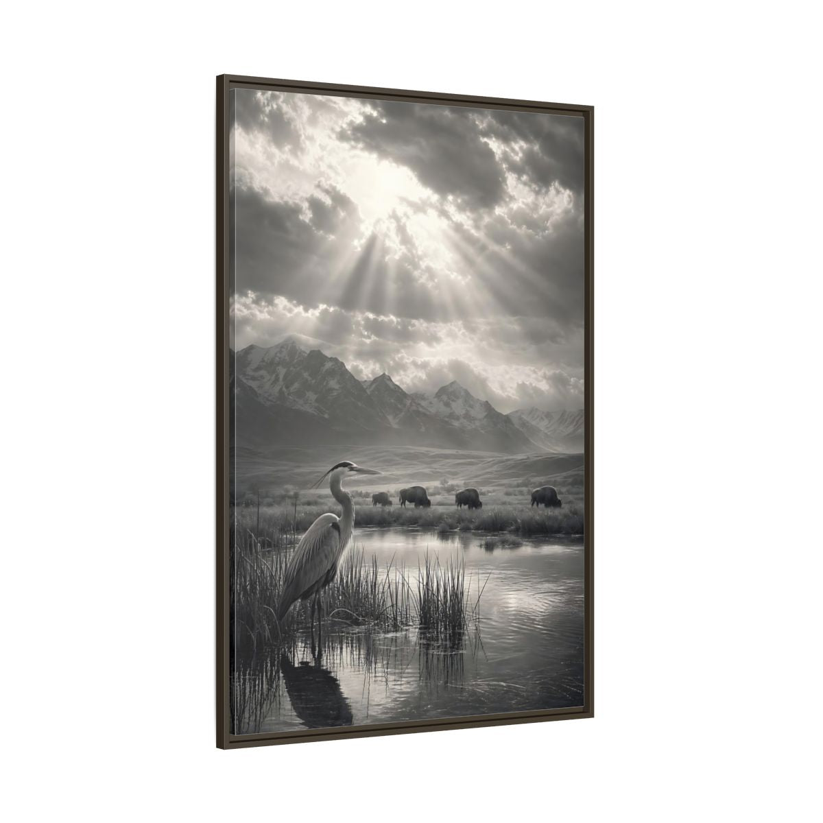 Side Mockup 8. Nature Heron Bison Black And White Nature shown as stretched canvas wall art