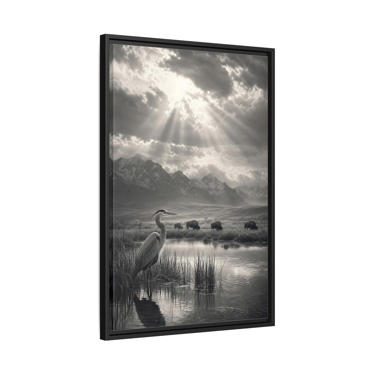Side Mockup 14. Nature Heron Bison Black And White Nature shown as stretched canvas wall art