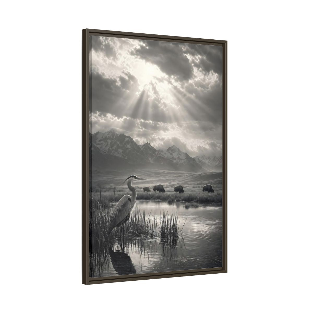 Main Mockup. Nature Heron Bison Black And White Nature shown as stretched canvas wall art