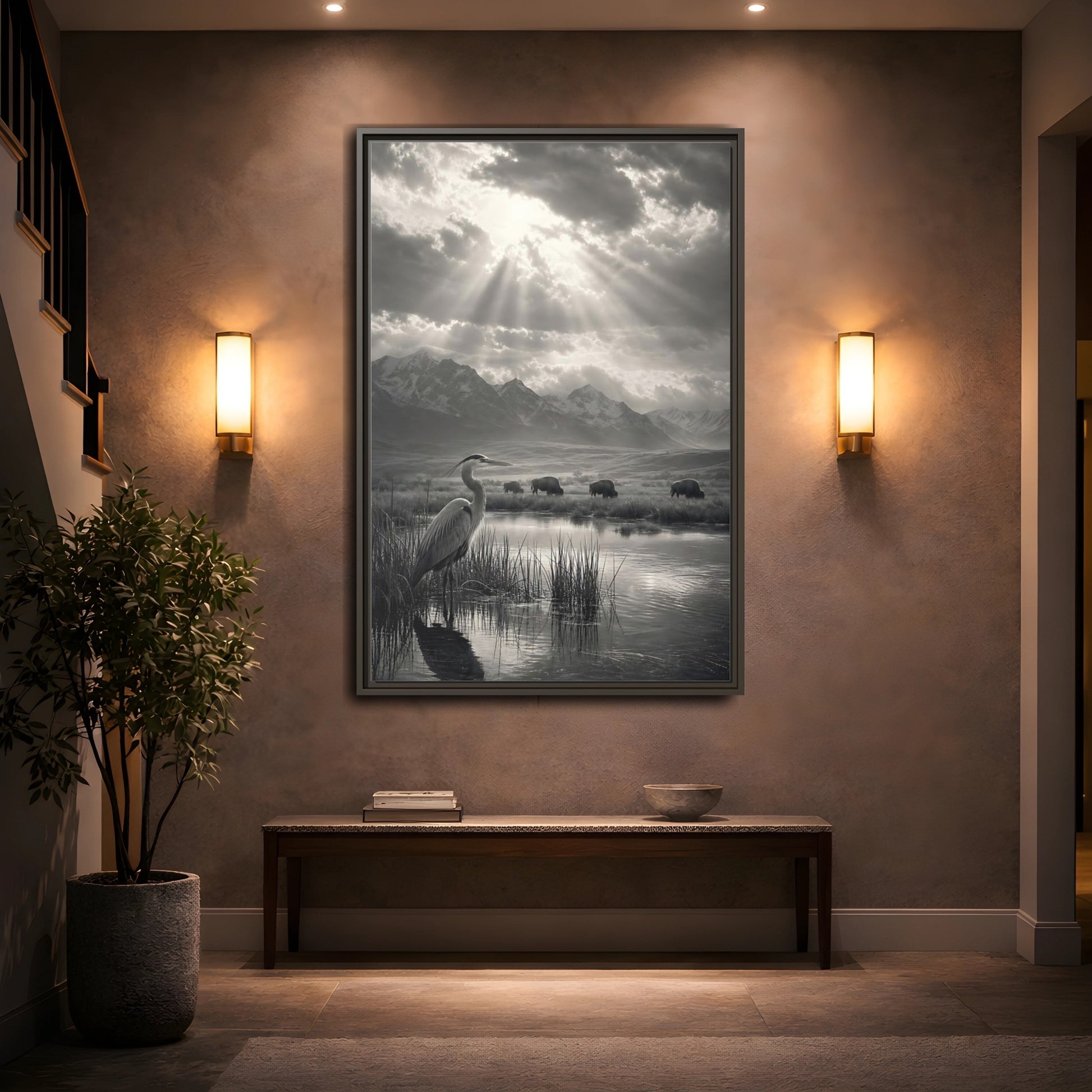 Mockup 2. Nature Heron Bison Black And White Nature shown as stretched canvas wall art