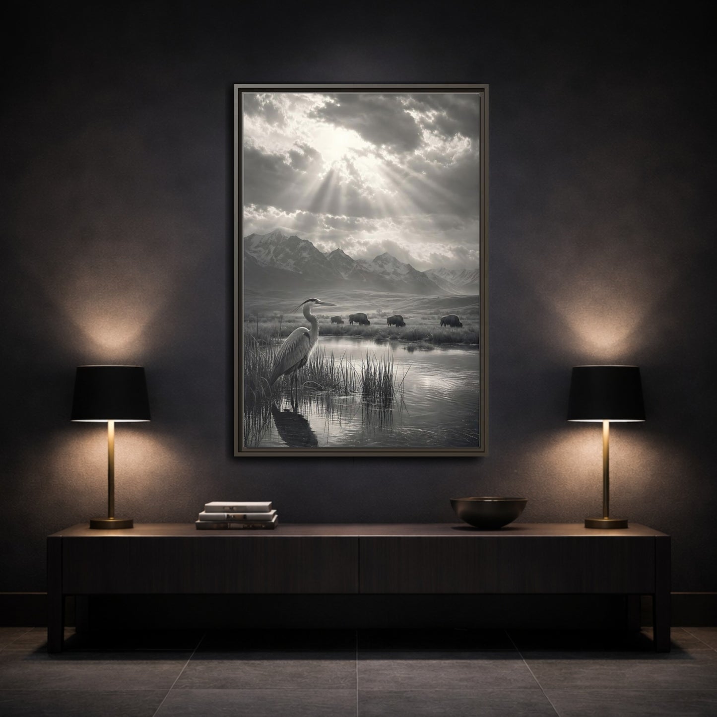 Mockup 3. Nature Heron Bison Black And White Nature shown as stretched canvas wall art