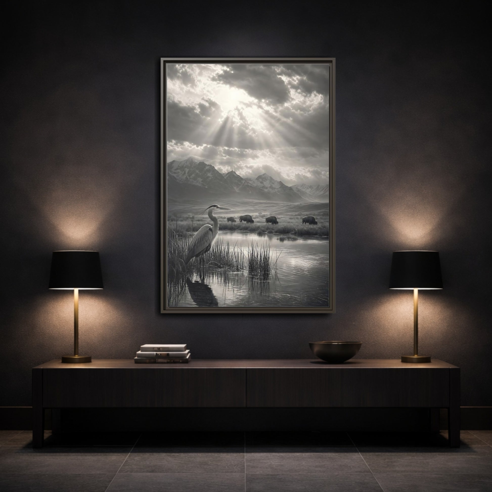 Mockup 3. Nature Heron Bison Black And White Nature shown as stretched canvas wall art