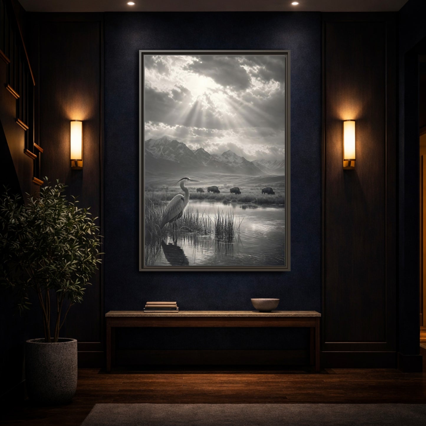 Mockup 4. Nature Heron Bison Black And White Nature shown as stretched canvas wall art