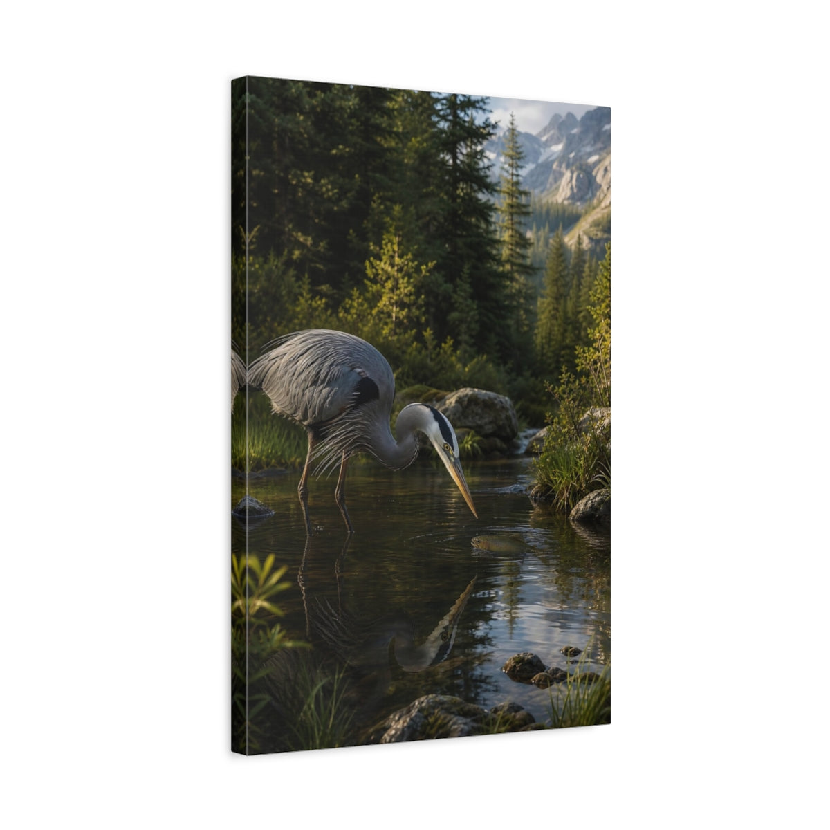 Side Mockup 3. Nature Heron, Fish Heron Nature Scene shown as stretched canvas wall art