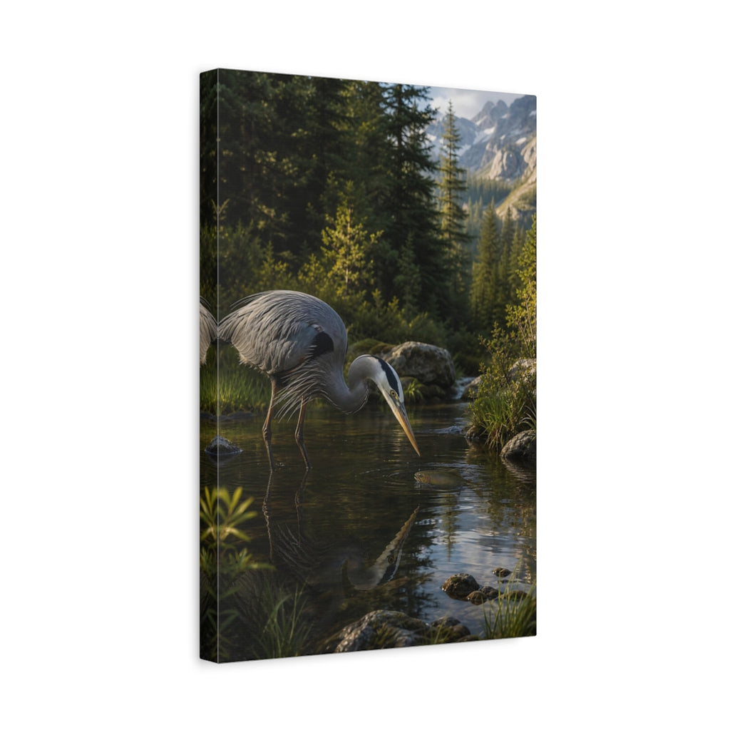 Side Mockup 4. Nature Heron, Fish Heron Nature Scene shown as stretched canvas wall art