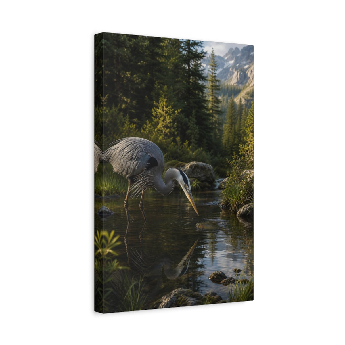 Side Mockup 4. Nature Heron, Fish Heron Nature Scene shown as stretched canvas wall art
