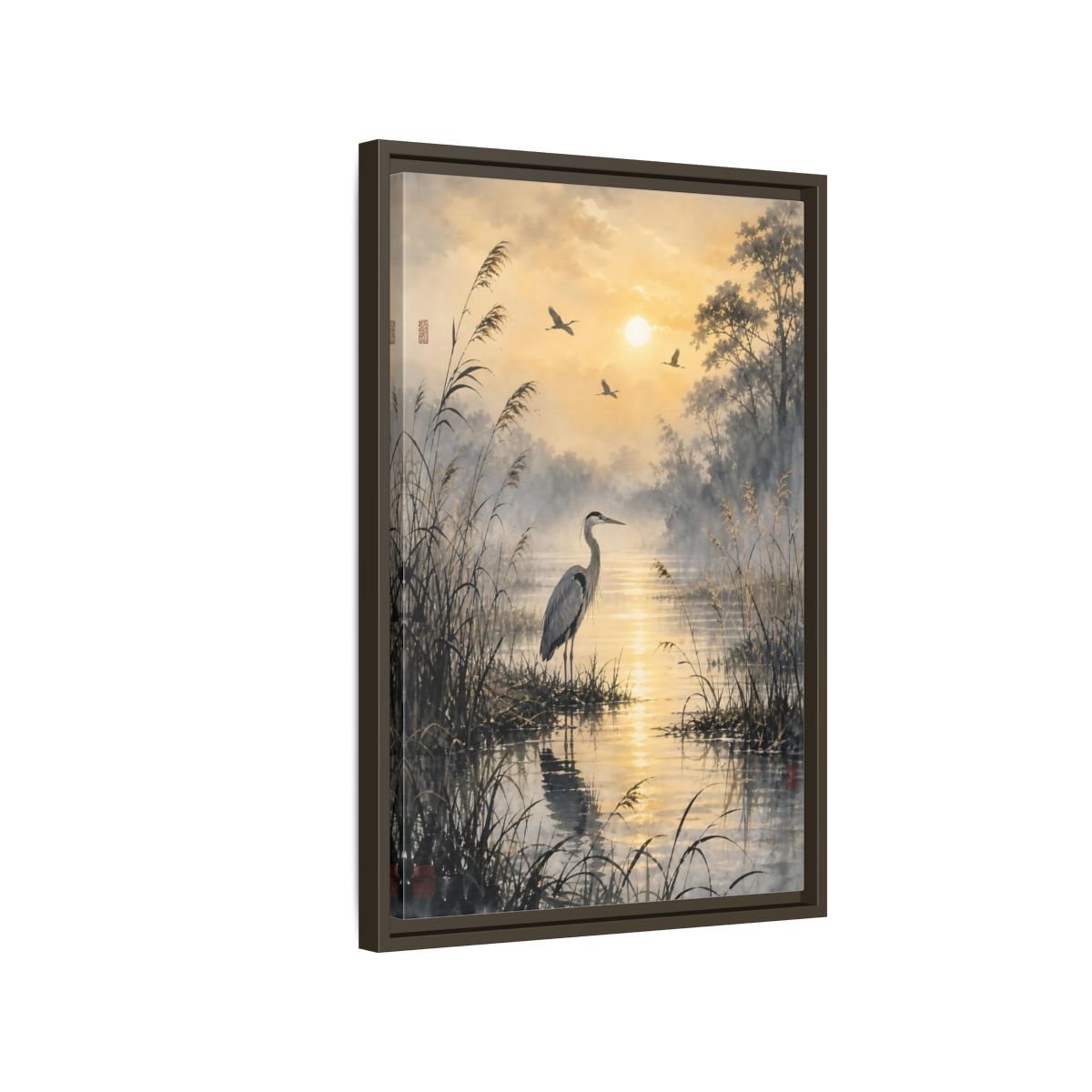 Side Mockup 2. Nature Heron Golden Sunset Heron shown as stretched canvas wall art