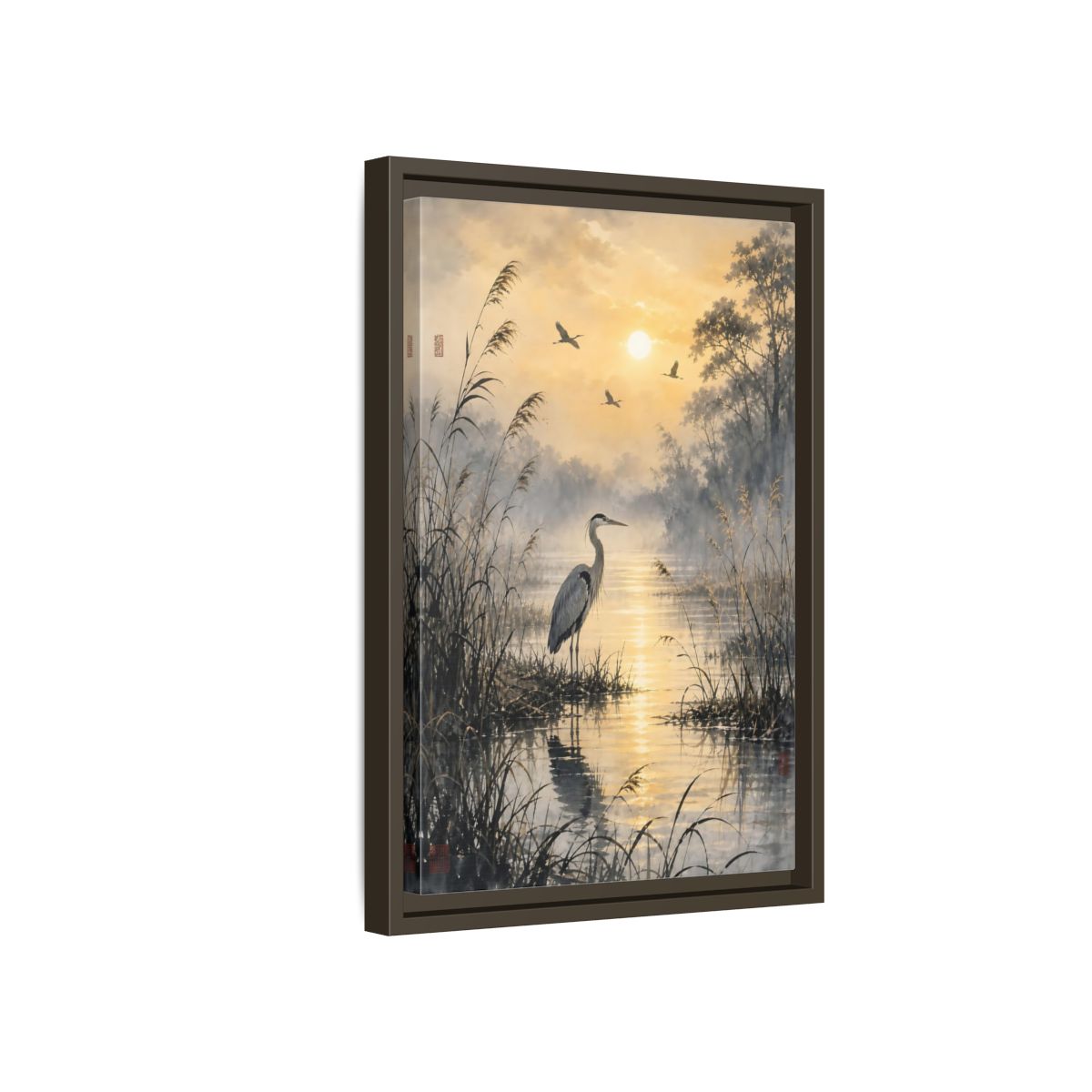 Side Mockup 5. Nature Heron Golden Sunset Heron shown as stretched canvas wall art