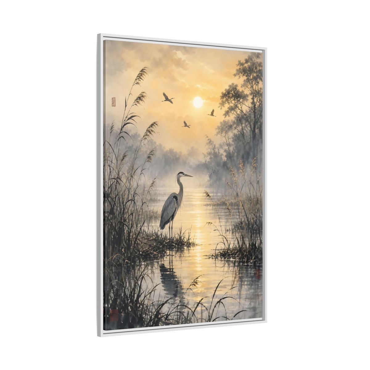 Side Mockup 7. Nature Heron Golden Sunset Heron shown as stretched canvas wall art
