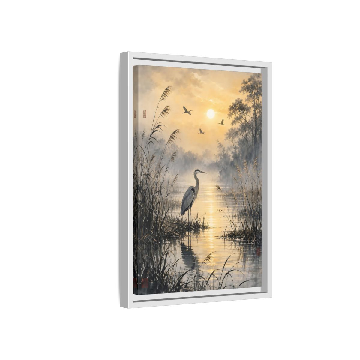 Side Mockup 4. Nature Heron Golden Sunset Heron shown as stretched canvas wall art