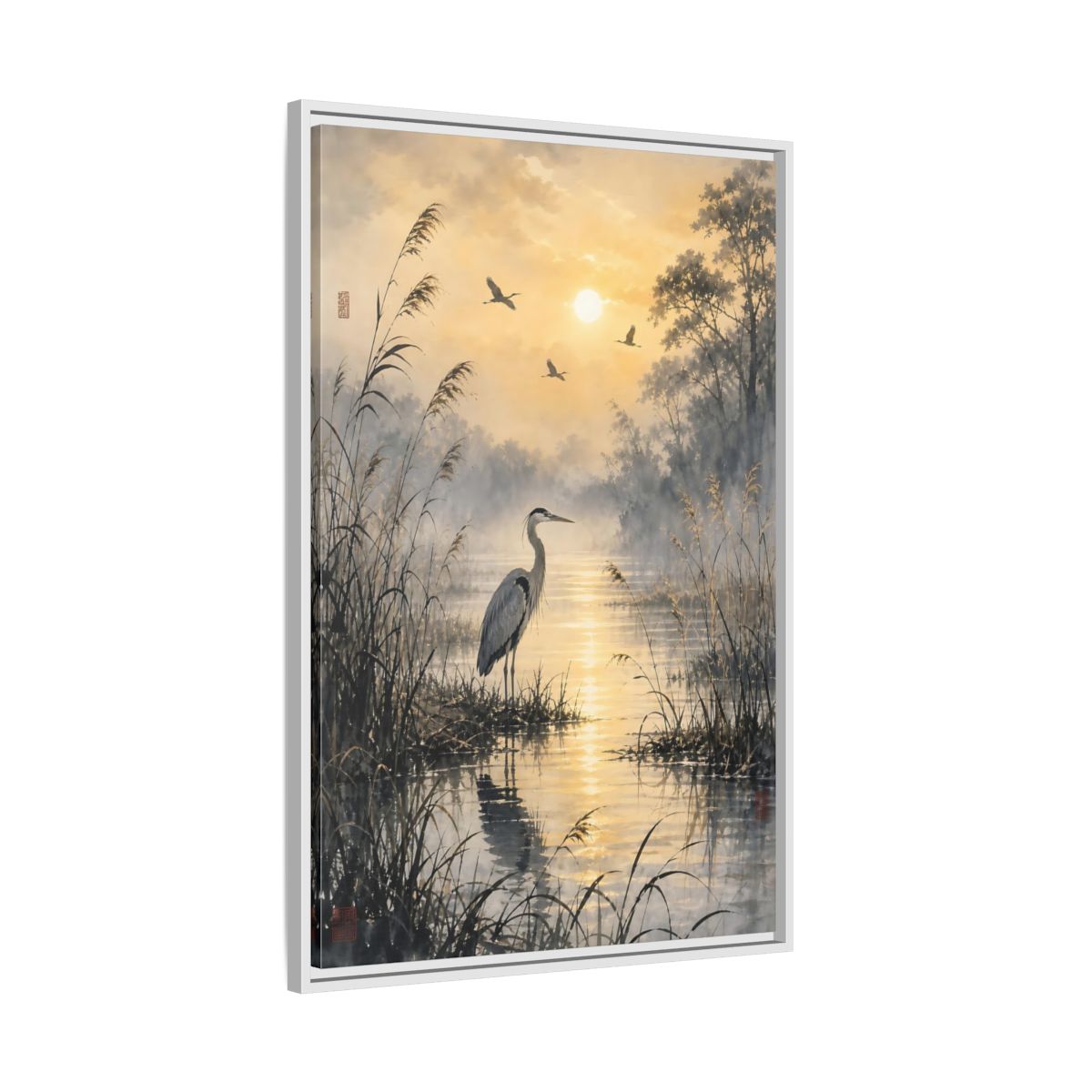 Side Mockup 9. Nature Heron Golden Sunset Heron shown as stretched canvas wall art