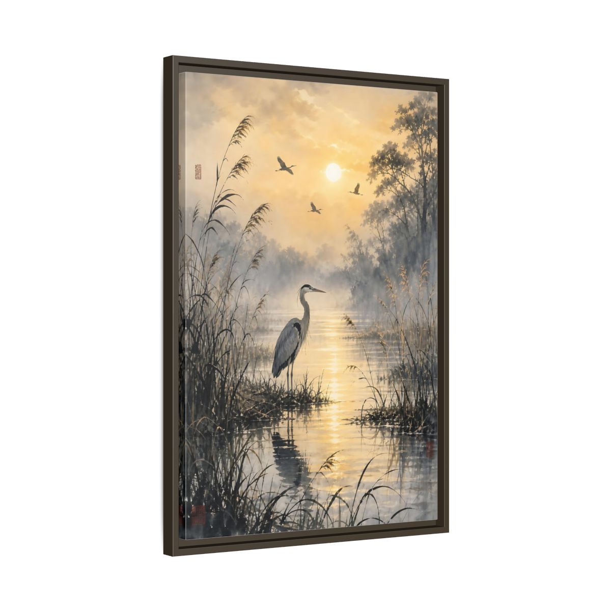Side Mockup 11. Nature Heron Golden Sunset Heron shown as stretched canvas wall art