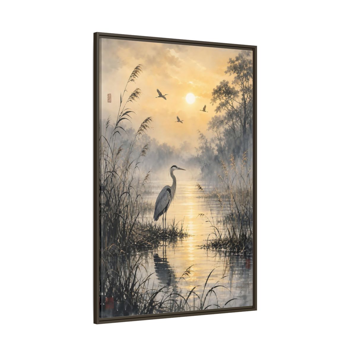 Side Mockup 8. Nature Heron Golden Sunset Heron shown as stretched canvas wall art