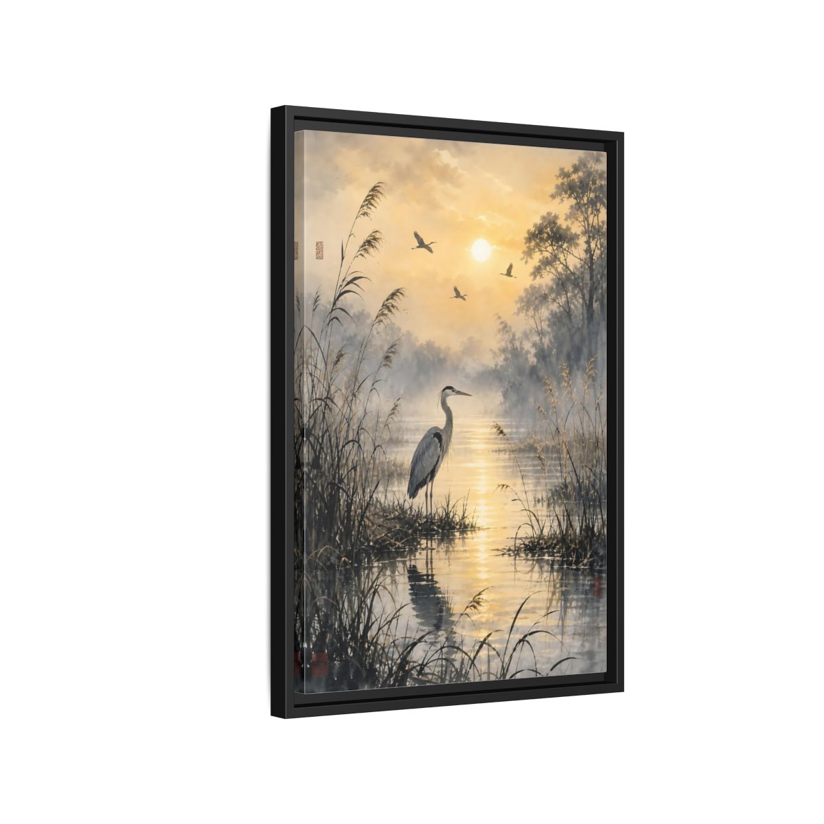 Side Mockup 3. Nature Heron Golden Sunset Heron shown as stretched canvas wall art