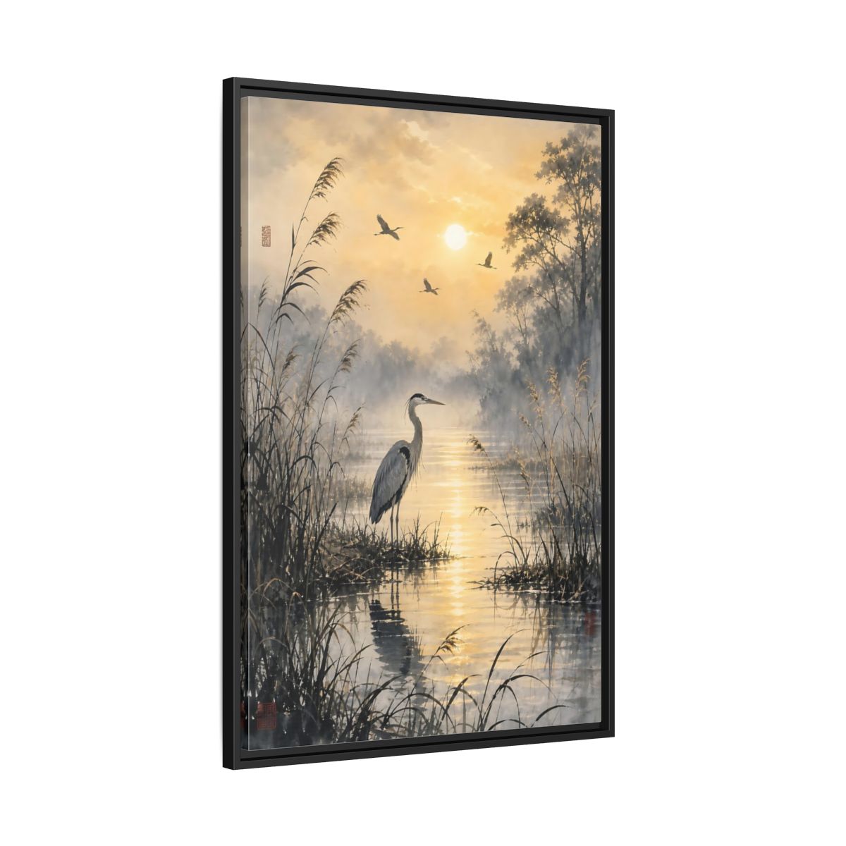 Side Mockup 13. Nature Heron Golden Sunset Heron shown as stretched canvas wall art