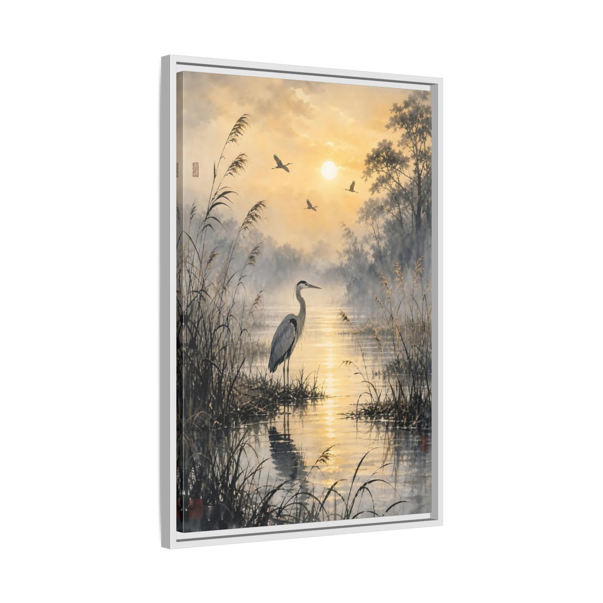 Side Mockup 10. Nature Heron Golden Sunset Heron shown as stretched canvas wall art