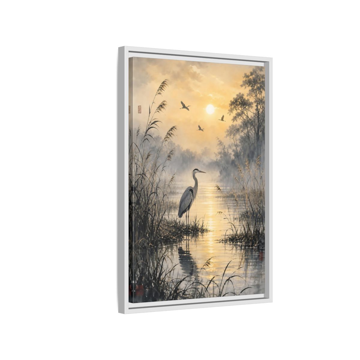 Side Mockup 1. Nature Heron Golden Sunset Heron shown as stretched canvas wall art
