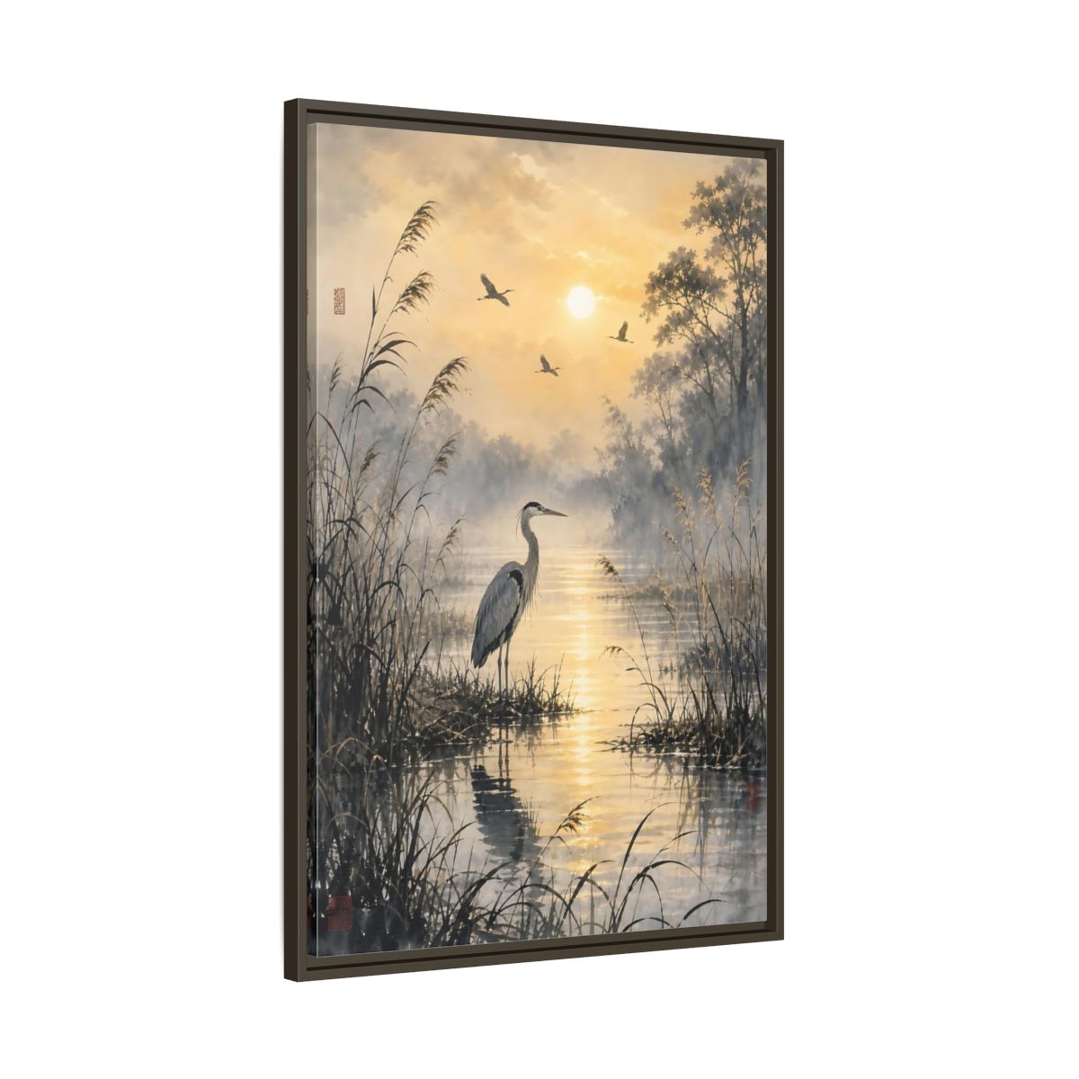Main Mockup. Nature Heron Golden Sunset Heron shown as stretched canvas wall art