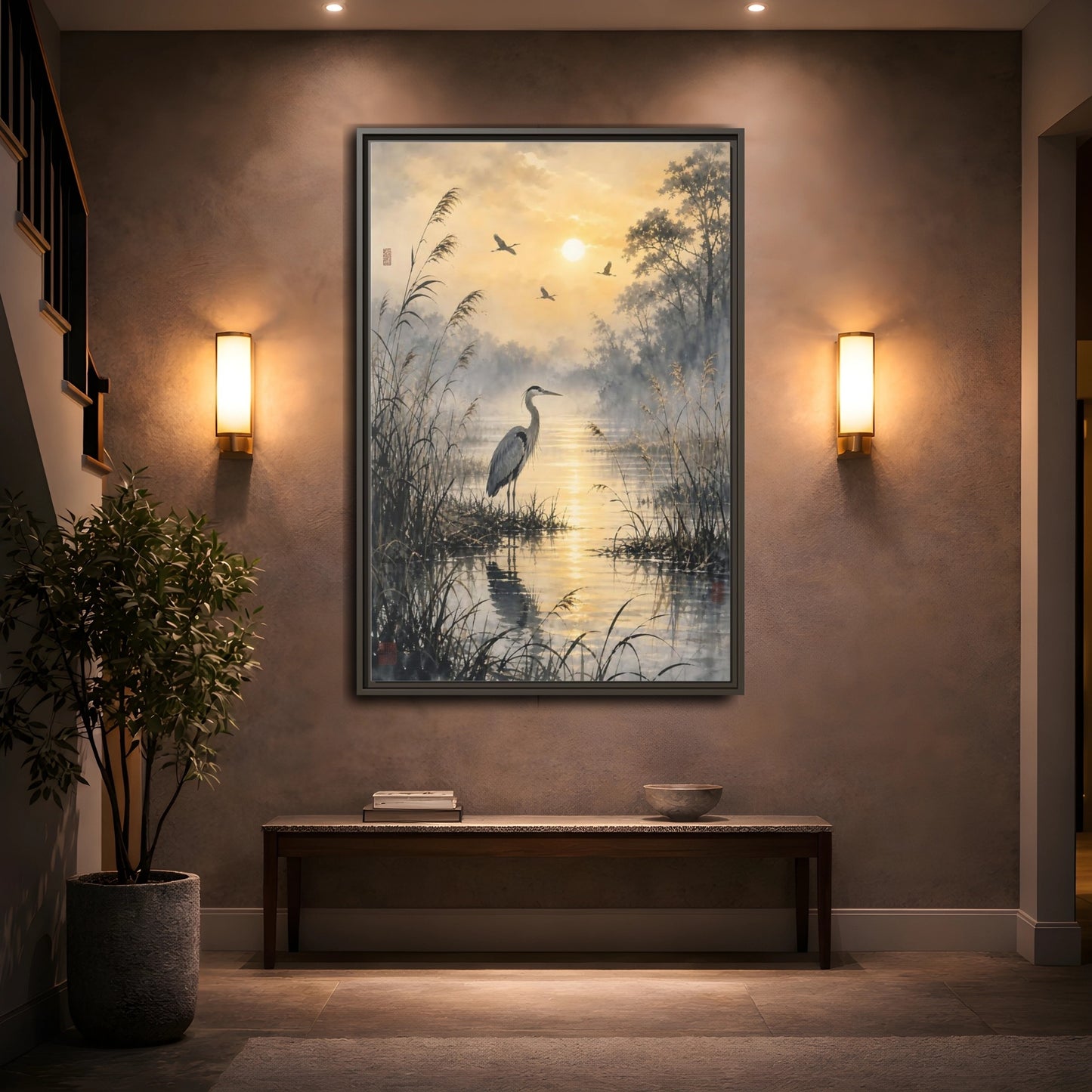 Mockup 2. Nature Heron Golden Sunset Heron shown as stretched canvas wall art